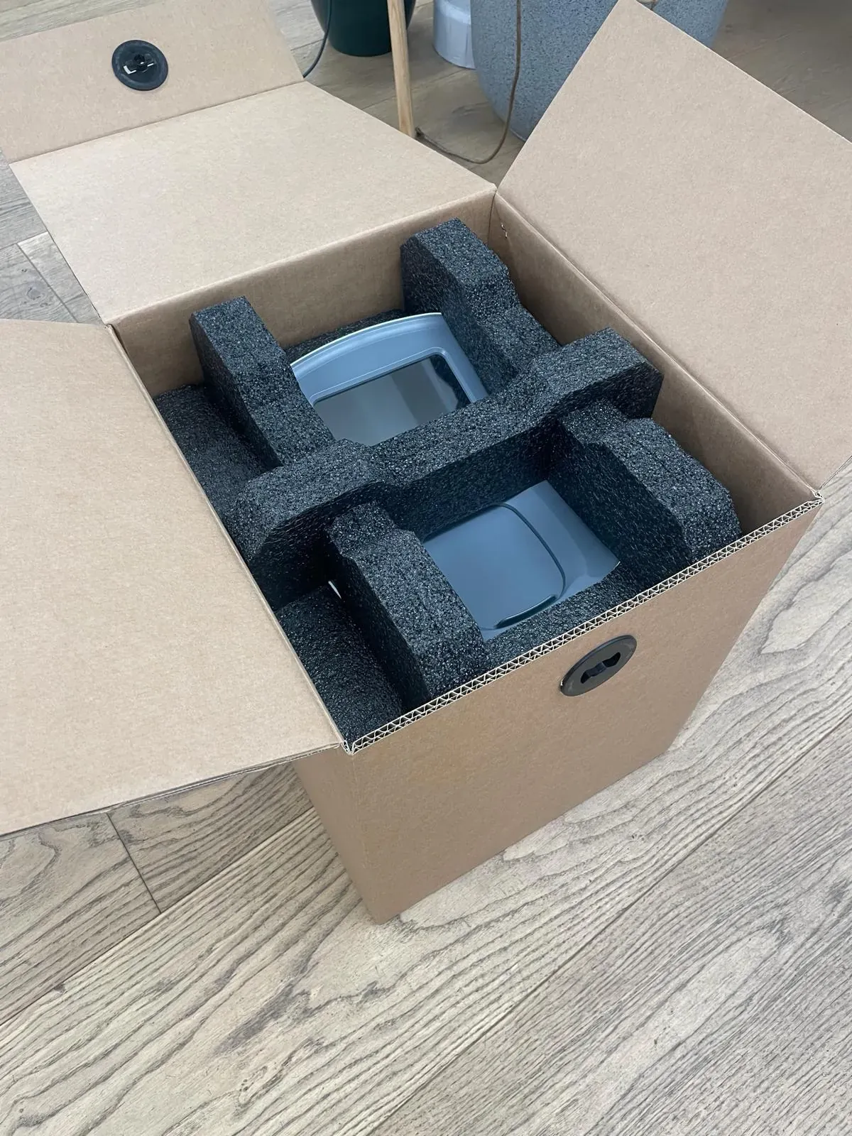 Final Entia packaging: foam cradle holding the Liberty analyser inside the box