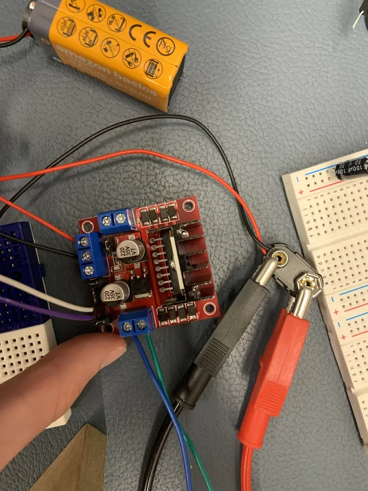Motor driver wired up on the bench