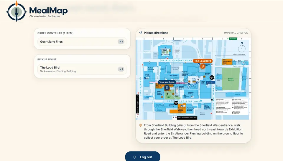 MealMap web app showing filters and a campus map