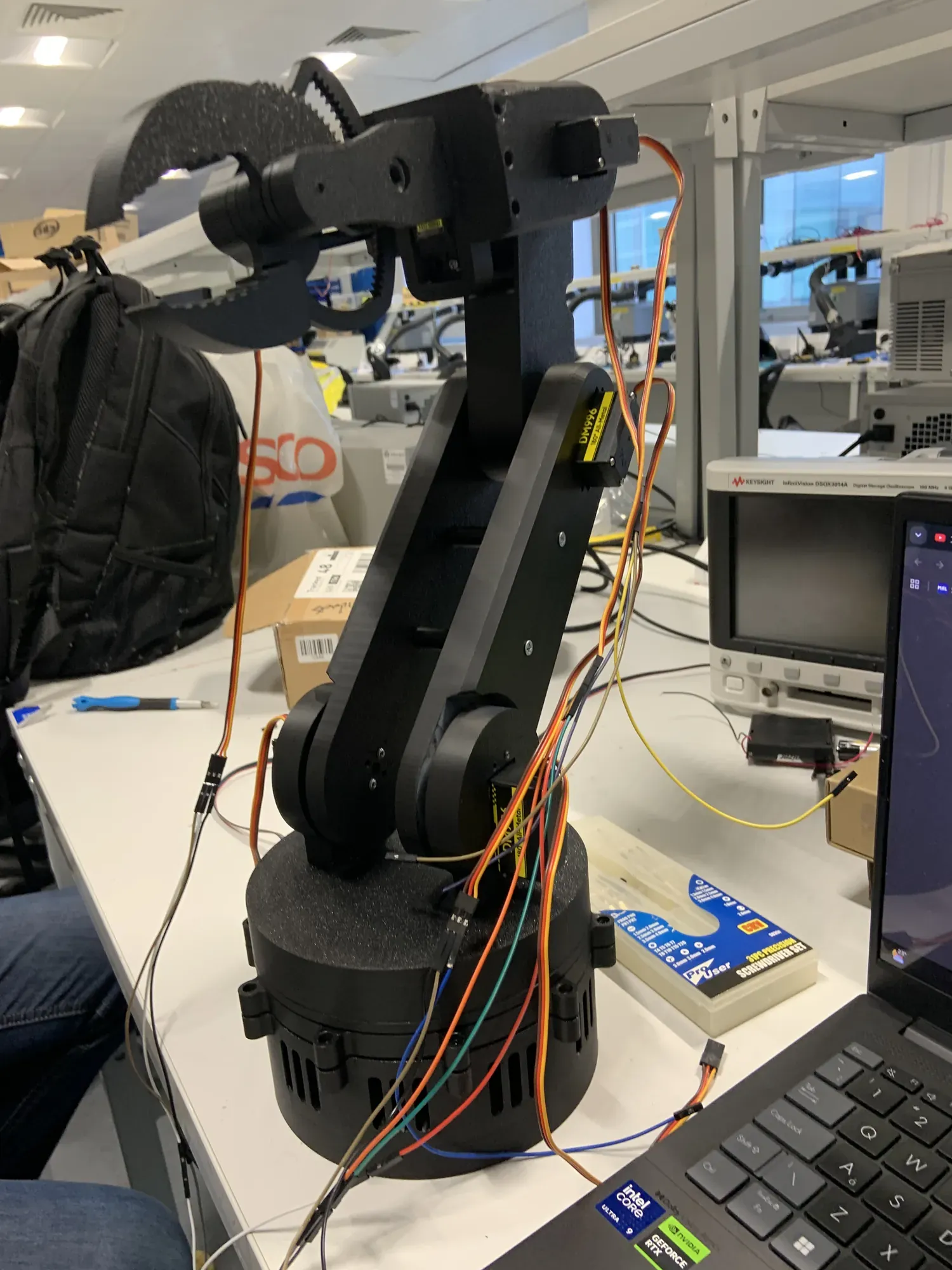 The 6-axis robot arm posed with its gripper raised